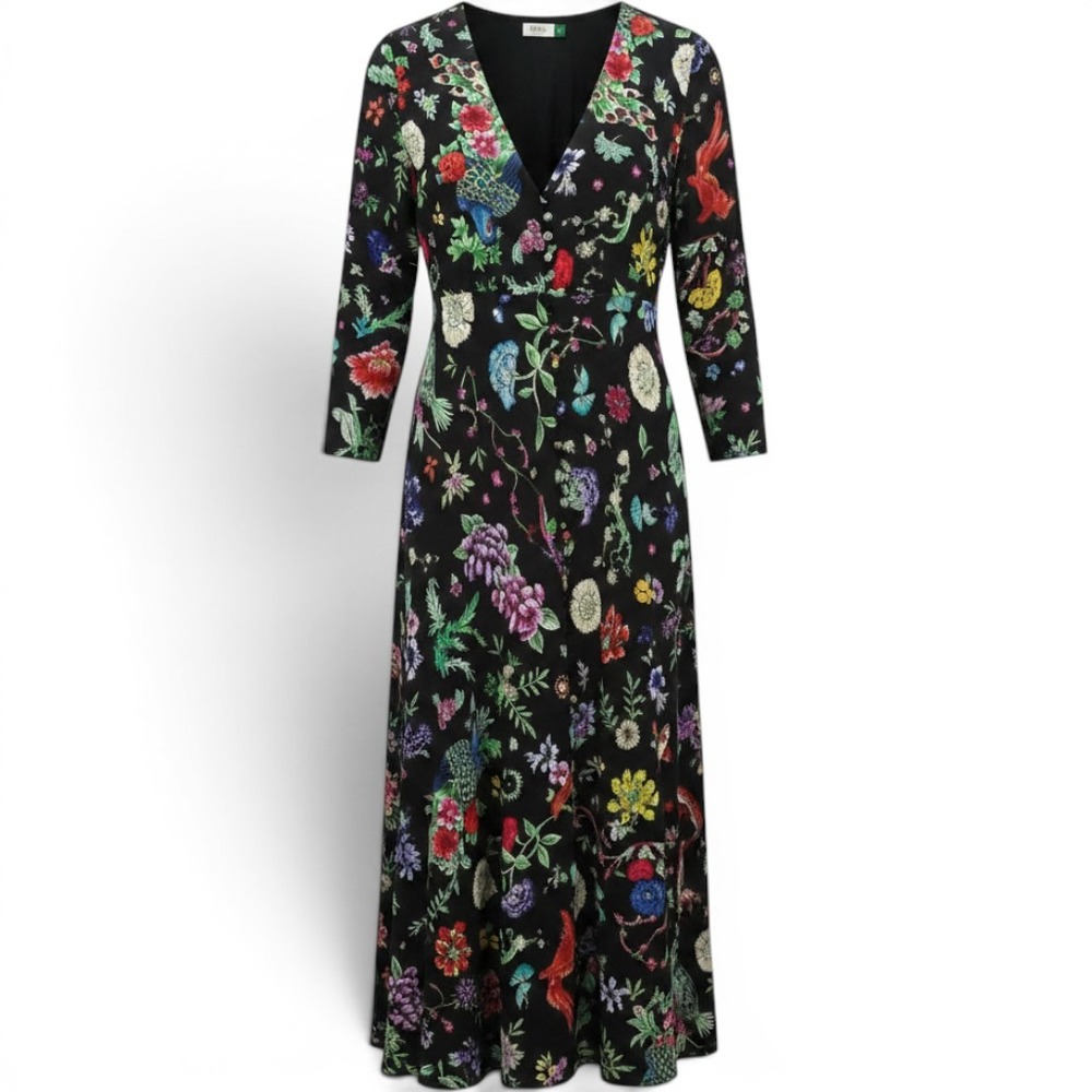 RIXO Black Floral & Multicolor Bird Maxi Dress